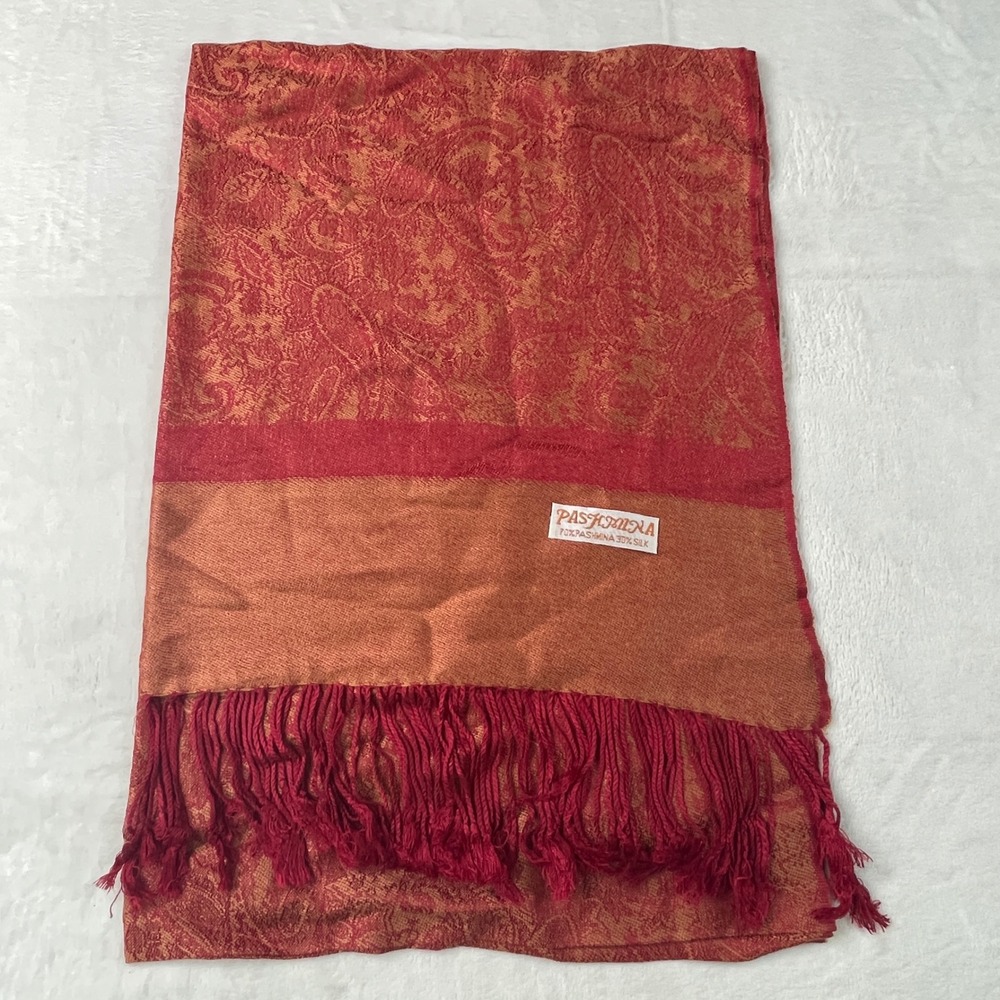 Pashmina Red Gold Paisley Silk Blend Fringed Shawl Wrap Scarf